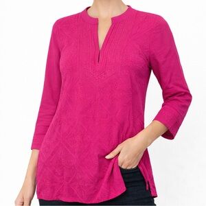 Chico’s 1 (M/L) Pink Embroidered Boho Tunic Top 3/4 Sleeve 100% Viscose